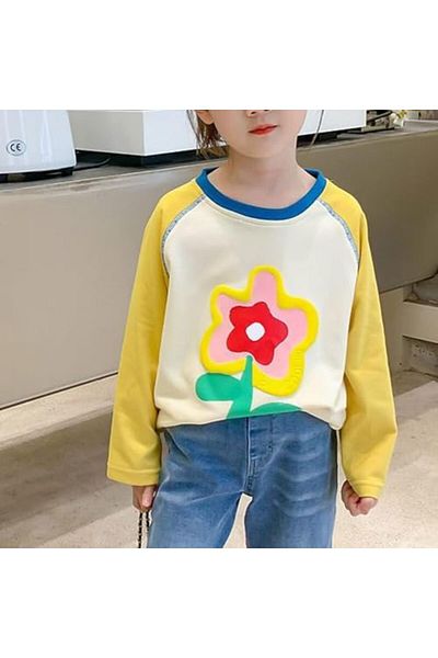 L&Wen Girls Cute Crewneck Raglan Long Sleeves T-shirt, Cartoon Flower Print Kids Top 90 (2-3 Years)