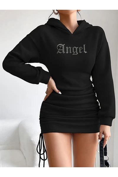 Bozz&Bozz Collection Women's Black Crystal Stone Printed Hooded Basic Trend Sweatshirt Dress with Gathered Sides