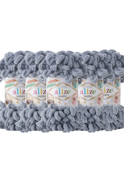 Alize Puffy 5-пакет ручної пряжі - без спиць - 100 г x 5 штук - колір №: 428 - середньо-сірий