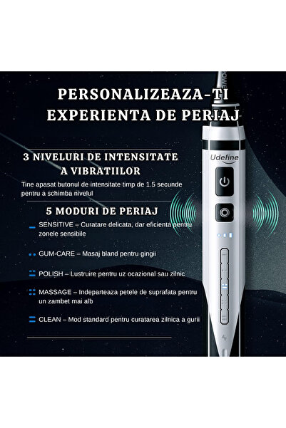 Whimlets Periuță de dinți electrică sonică Udefine, IPX7, 5 moduri, 3 niveluri de intensitate, 3 capete DuPont, wireless