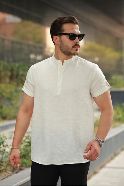 Miron Men's Ecru Judge Collar Buttoned Linen Shirt - Short Sleeve - 2536