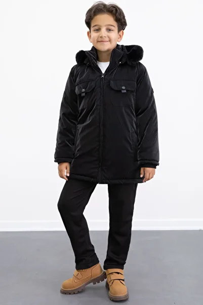 Cansın Mini Black Snap Fastener Chest Pocketed Fur Lined Boys Hooded Coat 21349
