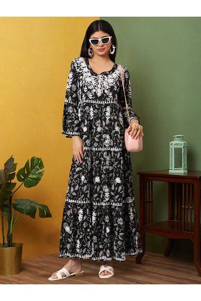 alaya Hand Embroidered Chikankari A-Line Gathering Pattern Mulmul Cotton Jalabiya-AL3673