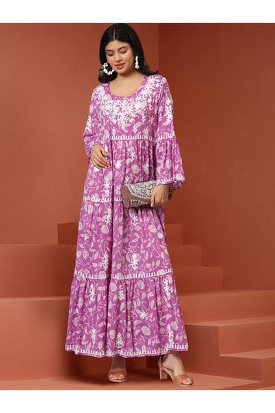 alaya Hand Embroidered Chikankari A-Line Gathering Pattern Mulmul Cotton Jalabiya-AL3673