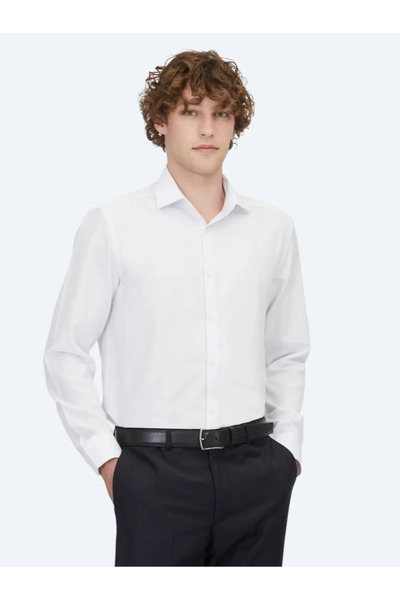 Kip White Plain Regular Fit Woven Classic Cotton Blend Shirt