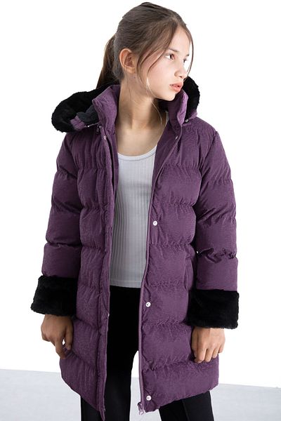 Cansın Mini Purple Sleeve Fur Detailed Wool Inside Girl's Hooded down Jacket 21327
