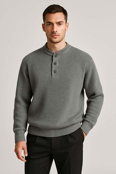 Valiberta Wes Thessaloniki Knitted 3 Button Half Placket Comfortable Fit Men's Knitwear Sweater - Smoked