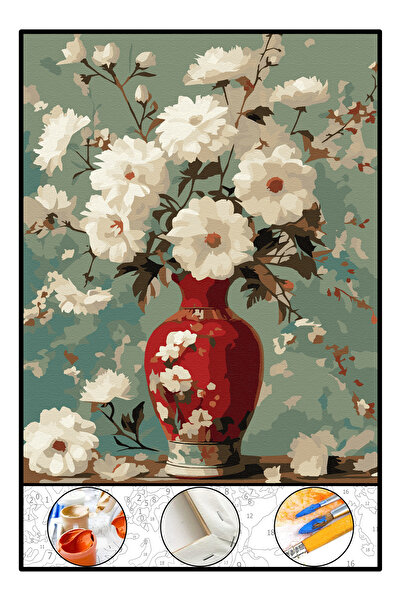 abbara Sayılarla Boyama Hobi Seti Çerçeveli Tuval Fırça Boya Dahil Kasnaklı 40x50 Cm Vazo Ve Papatyalar