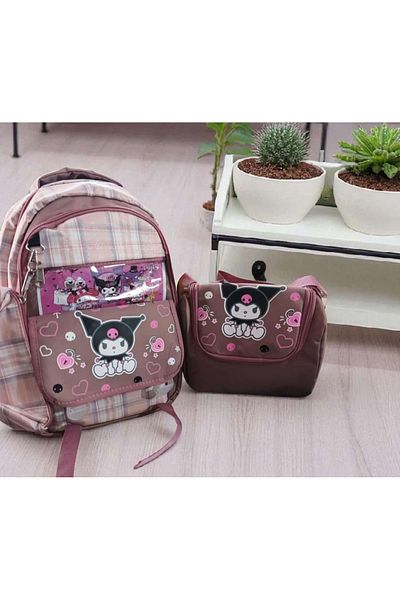 ÇEÇEN HOME (Nutrition+Pencil Holder+Backpack) Kuromi Girls' Primary School Set, Kuromi Primary School Bag Set