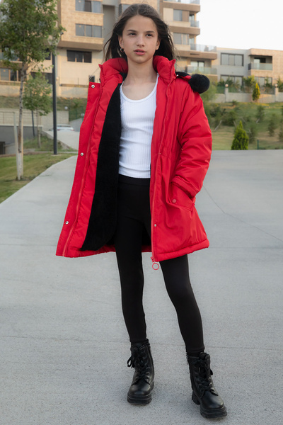 Cansın Mini Red Snap Pocket Flexible Waist Fur Inside Girl's Hooded Coat 21305