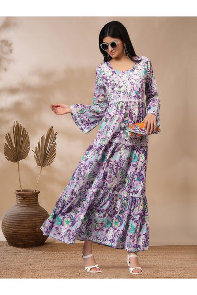 alaya Hand Embroidered Chikankari A-Line Gathering Pattern Mulmul Cotton Jalabiya-AL3673