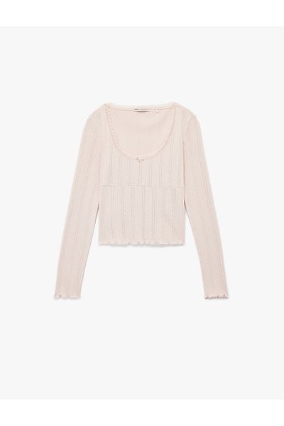 Koton Cotton Long Sleeve U-Neck Crop Pajama Top