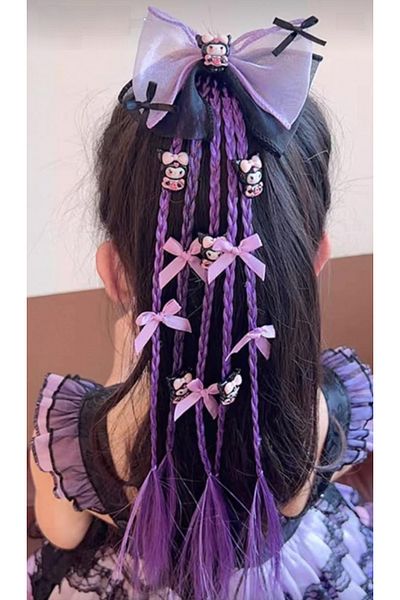 Efna Store Kuromi Anime Model Black Lilac Organized Bow Detailed Knitted Rubber Children's Hair Clip