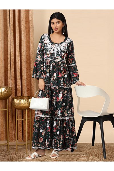 alaya Hand Embroidered Chikankari A-Line Gathering Pattern Mulmul Cotton Jalabiya-AL3673