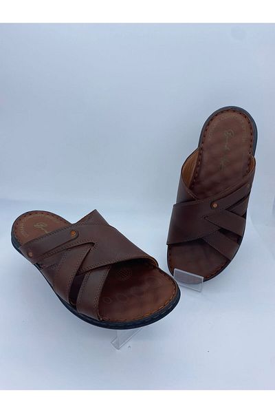 BURAK ALDAY SHOES Men's Genuine Leather Massage Sole Brown Slippers