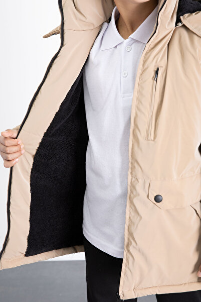 Cansın Mini Cream Zippered Chest Pocketed Boys' Hooded Coat with Fur Inside 21358