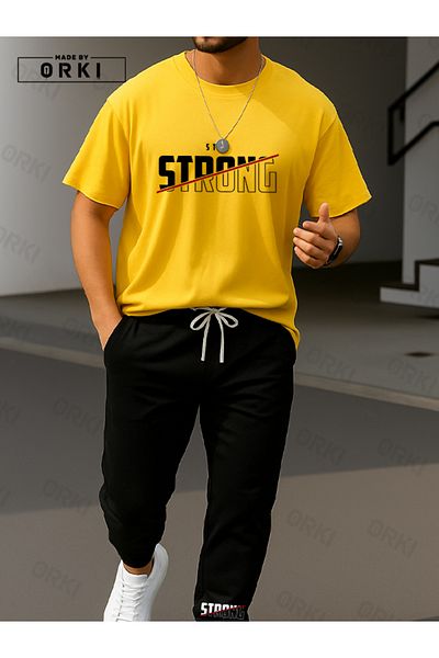 EFFRENATU Stay Strong Printed Oversize Yellow T-Shirt & Black Pants Tracksuit Set