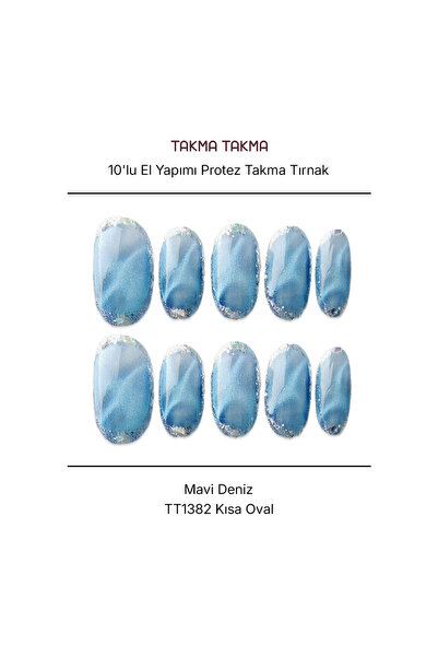 Takma Takma Takma Tırnak Nail Art Mavi S Beden Kısa Oval 10'lu El Yapımı Jel ...