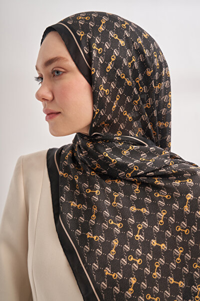 ARMANDA Imported Voile Monogram Pattern Shal - Black-Cream