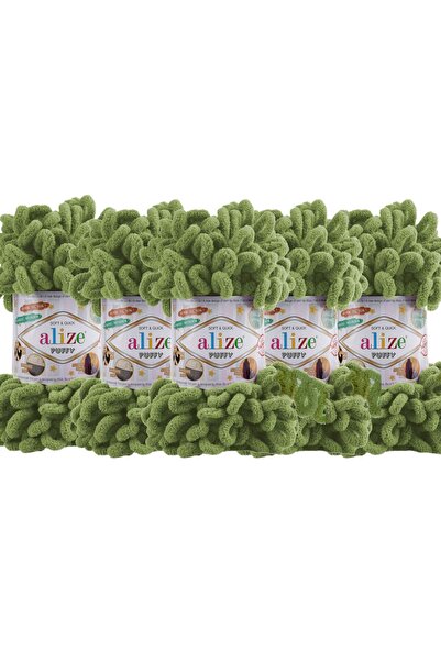 Alize Puffy 5’li Paket El Örgü İpi - Şişsiz – 100g x 5 Adet – Renk No: 485 - Kaplumbağa Yeşili