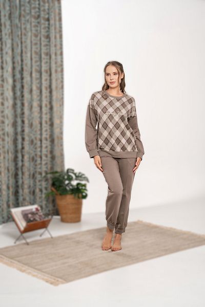 Pelin Women's Brown Color Patterned Embroidered Pajama Set