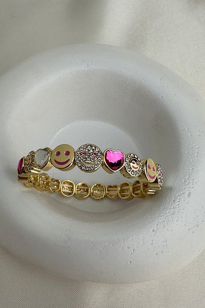 Modex Special Series Gold Color Smiling Face Heart Detail Stone Rubber Bracelet