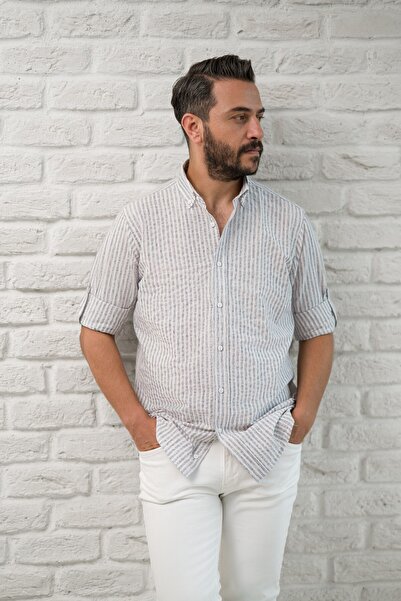 alenmeza Slimfit Fit Collar Buttoned Striped Summer Seersucker Fabric Men's Shirt