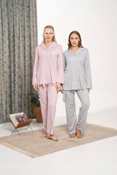 Pelin Women's Gray Patterned Front Buttoned Pajama Set with Pockets