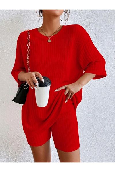 BİGÜMEX Knitted Short Sleeve Shorts Bottom Top Set, Lycra