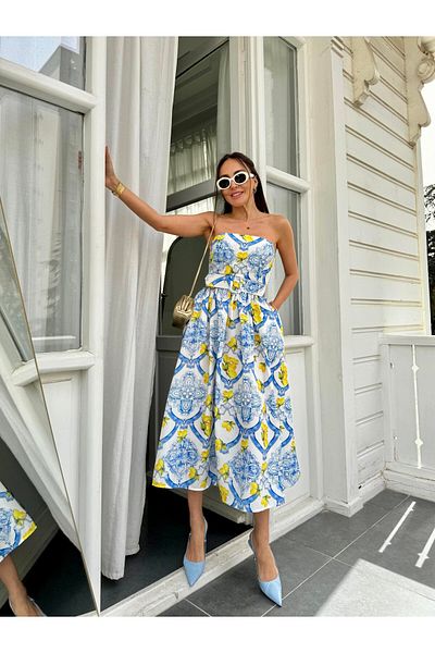 manana fashion Strapless Summer Print A-Line Midi Length Dress with Belt