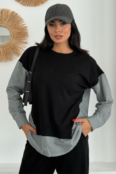 Ded COLLECTION Kadın Mavi Beyaz Çizgili Modern Tasarım Uzun Kollu Gömlek Detaylı Sweatshirt Modal Takım
