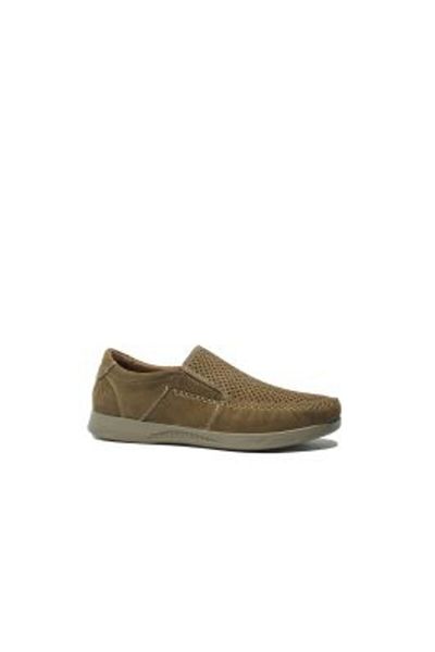 GORETTI Men's Moccasins Goretti, Light Brown Suede, with Decorative Perforations and Stitching