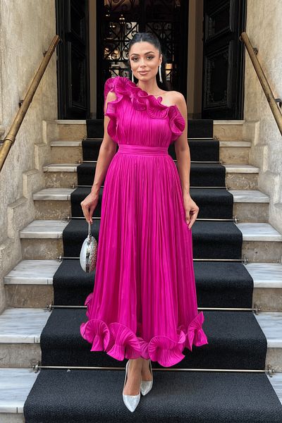 giyimmasalı Chiffon Fabric One Sleeve Evening Dress - Fuchia