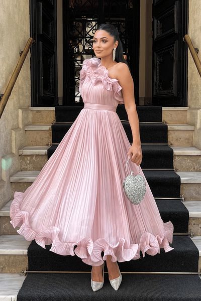giyimmasalı Chiffon Fabric One Sleeve Evening Dress - Powder