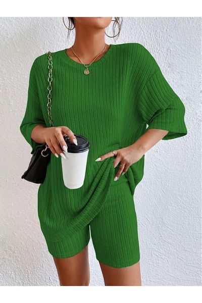 BİGÜMEX Knitted Short Sleeve Shorts Bottom Top Set, Lycra