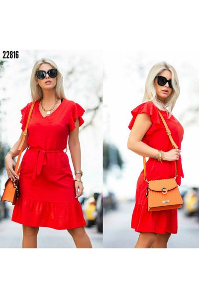 Trendusfashion Women's Red Short Sleeve V Neck Belted Flywheel Detail Dress