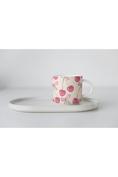 EYBaskı Tasarım Pink Cherry Patterned Porcelain Mug – Summer Mood Design