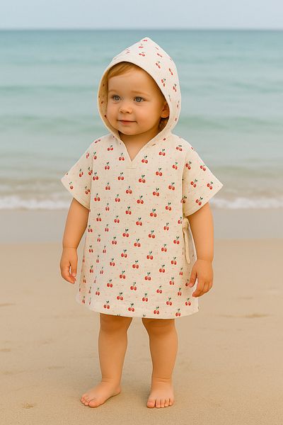 enes baby Organic Double Layer Muslin Leaf Cherry Sea Pool Poncho
