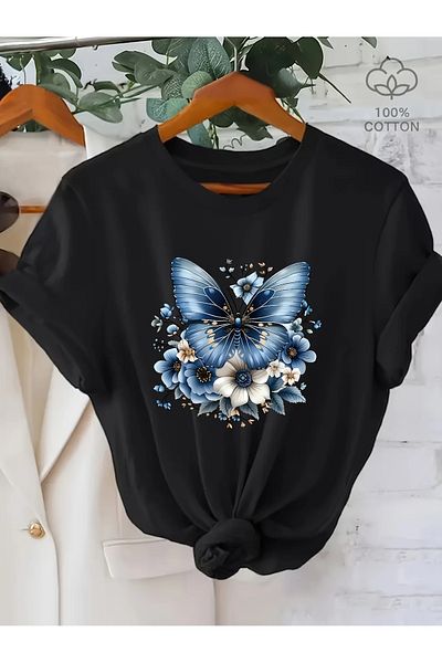 Pink Sky Unisex Cotton Black Oversize "Blue Butterfly and Flower" Printed Crew Neck Casual T-Shirt