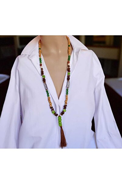 shop Yeşil Kedi Gözü Taşı Sandal Ağacı Boncuklu Uzun Püsküllü Tasarım Kolye –...