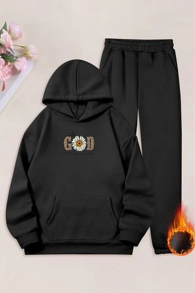 CLAYES Unisex Black God Floral Printed Tracksuit Hoodie - Winter Hooded Fabric