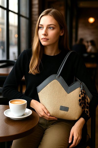 Handley Women's Special Design Straw Fabric Shoulder and Shoulder Bag with Leopard Scarf Detail