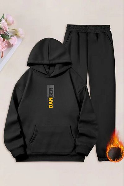 CLAYES Unisex Black Danger Printed Tracksuit Hoodie - Winter Raised Fabric