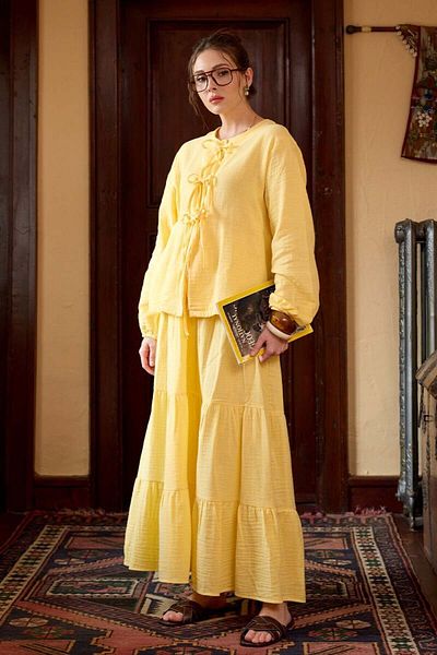 Ceylan Otantik Lemon Yellow Muslin Layered Skirt & 3 Bow Blouse Set