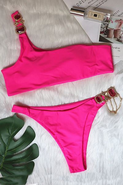 FashionForYou Ibiza swimsuit, two pieces, with metal accessories, pink, S