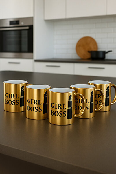 çokaş Pack of 5 Gold Color Coffee Mug Cups with Text Printed