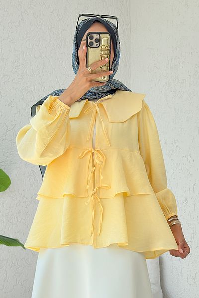 Salih Çelebi Balloon Sleeve Baby Collar Tunic 2370 - Sari