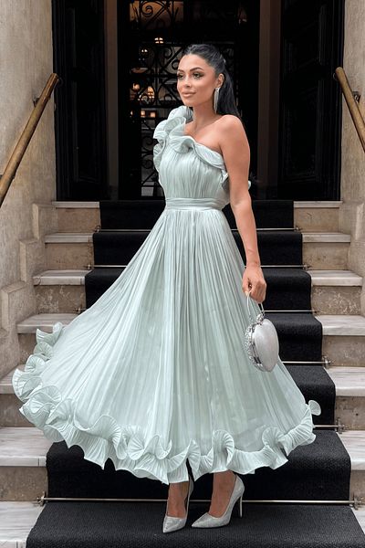 giyimmasalı Chiffon Fabric One Sleeve Evening Dress - Mint Green