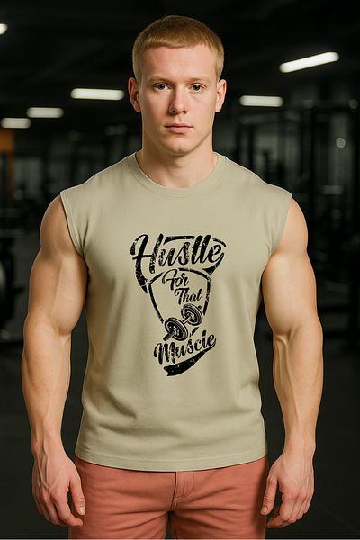 BESSA Beige Printed Sportsman Tank Top Crew Neck Cotton Sleeveless Tank Top Hustle Muscle Men