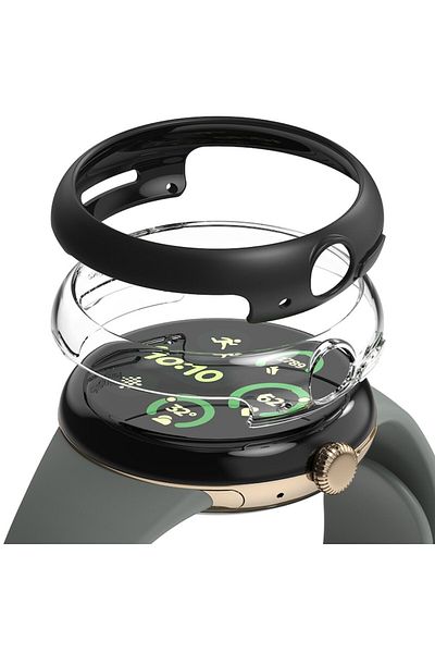 Tim Protective Case for Google Pixel Watch 3 41mm Set 2, G61, Hard Plastic, Crystal Clear/Matte Black